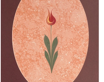 May include: An oval-shaped artwork featuring a stylized tulip. The tulip has a red and yellow flower, green stem, and leaves. The background is a peach color with a marbled effect, set against a dark brown backdrop.