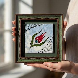 Hand-Painted Iznik Tulip Ceramic Tile – Framed Ottoman Wall Art (6.2 Inch) image 1