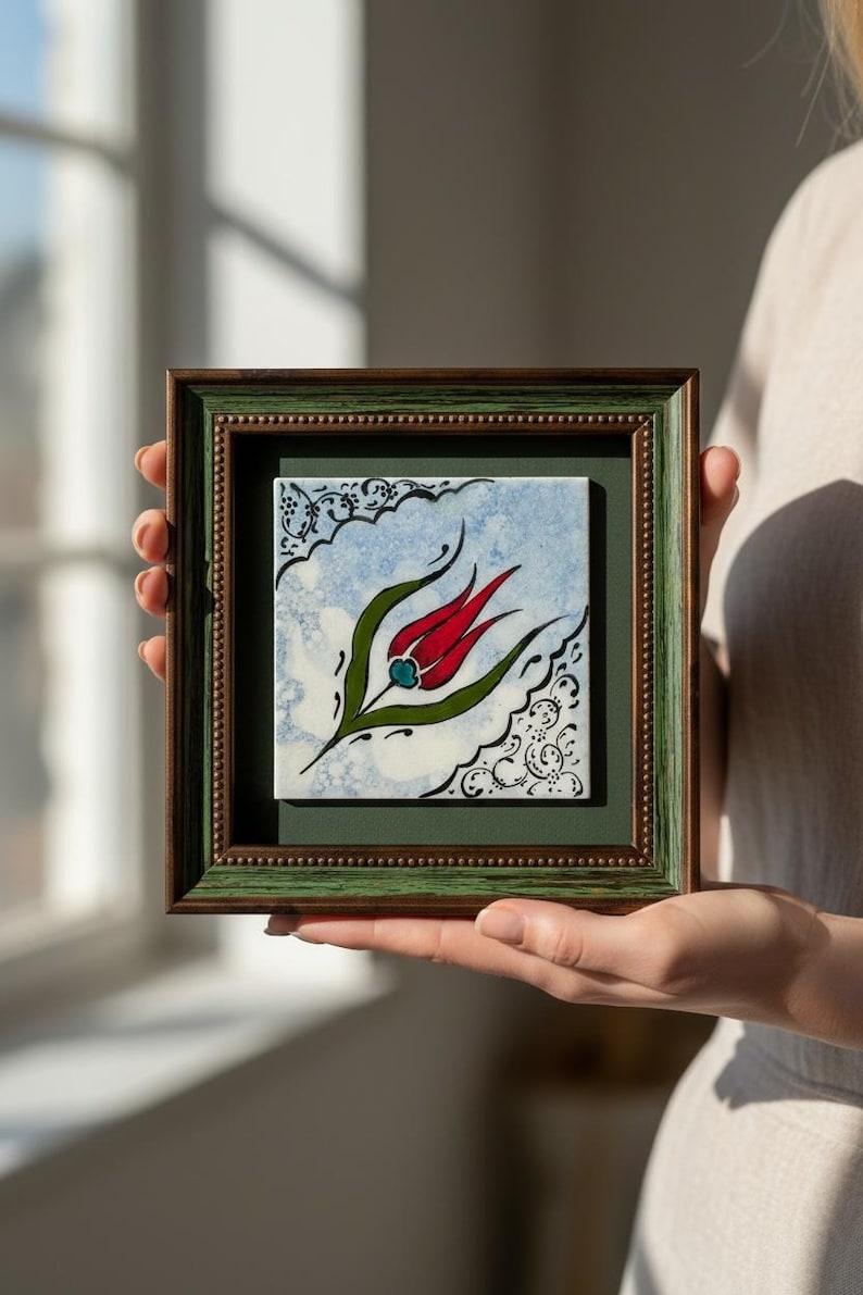 Hand-Painted Iznik Tulip Ceramic Tile – Framed Ottoman Wall Art (6.2 Inch) image 1