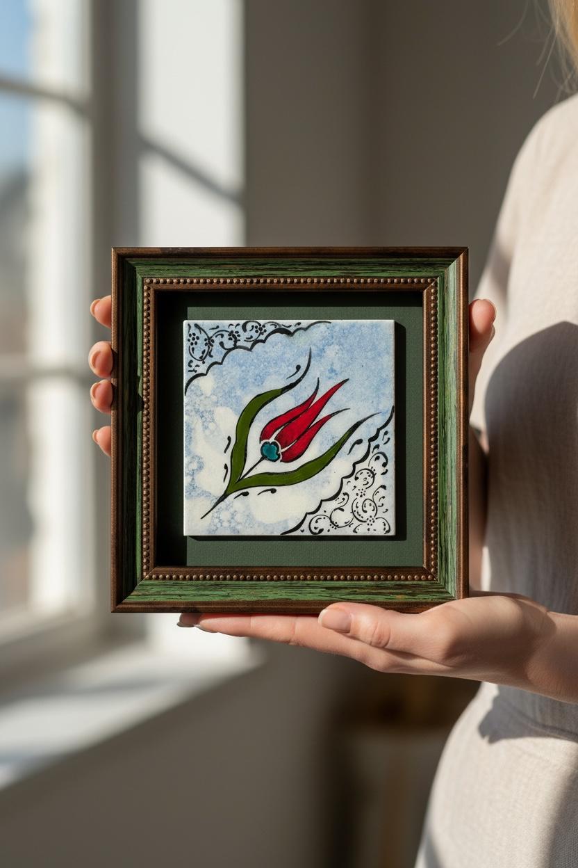 Framed Turkish Ceramic Tile - Classic Tulip Motif - Ottoman Iznik Wall Art