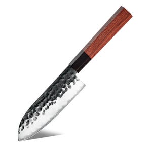 Damascus Style Santoku Chef&#39;s Knife / AUS-10 Steel / 3-Layer Blade / Hand-Forged / Chef Knife / Sharp / Wooden Saya / Gift Idea