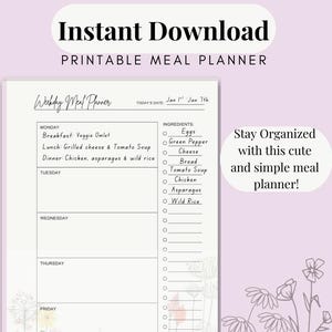Afdrukbare maaltijdplanner | Weekmenuplanner | Boodschappenlijstje | Direct downloaden | Bloemenmaaltijdplanner voor keuken | Gezondheid | Maaltijdtracker