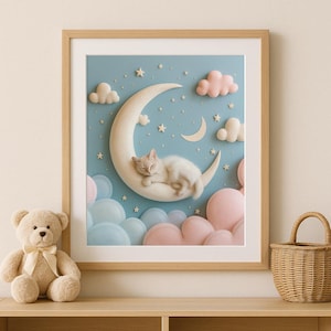 Verträumte Katze auf Mondsichel, Bild fürs Kinderzimmer, niedliches schlafendes Kätzchen, Pastellhimmel, Digitaldruck für Baby- und Kinderzimmer