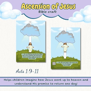 Può includere: Un lavoretto biblico per bambini sull'Ascensione di Gesù. L'immagine mostra Gesù che sale in una nuvola, con testo da Atti 1:9-11. Il lavoretto è pensato per aiutare i bambini a comprendere l'ascensione di Gesù e la sua promessa di tornare.