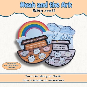 May include: A colorful Bible craft featuring Noah's Ark. The image includes a rainbow, clouds, and raindrops. The ark has cartoon animal faces. Text includes "Noah and the Ark" and "Turn the story of Noah into a hands-on adventure."