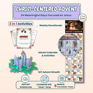 Calendrier de l'Avent chrétien à imprimer – Versets bibliques quotidiens, activités, travaux manuels et dévotions hebdomadaires pour enfants