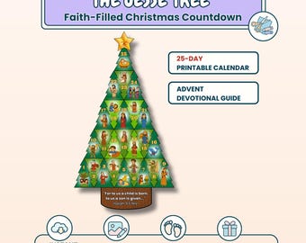 Calendario dell'Avvento stampabile di Jesse Tree / Conto alla rovescia per il Natale cristiano con letture bibliche quotidiane