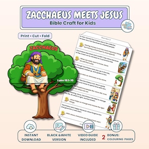 Könnte beinhalten: Ein Bibel-Bastelprojekt für Kinder mit dem Titel "Zachäus trifft Jesus". Das Bild zeigt eine Cartoon-Illustration von Zachäus in einem Baum, mit Text und Illustrationen. Enthält eine Schwarz-Weiß-Version, eine Videoanleitung und Malvorlagen.