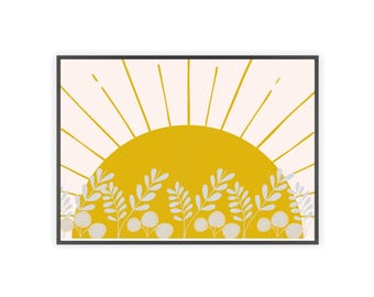 Sunrise Floral Wall Art Poster with Wooden Frame, Boho Home Decor, Gift for Homeowners, Modern Art Print, Nature-Inspired Decor