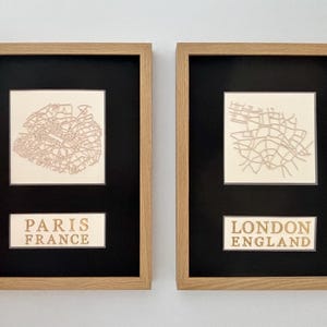 パリ＆ロンドンの額入り地図アート – 金箔の壁飾り | 12x16 レイヤードペーパーシティマップ | 旅行ギフト | ヨーロッパアートセットまたは個別