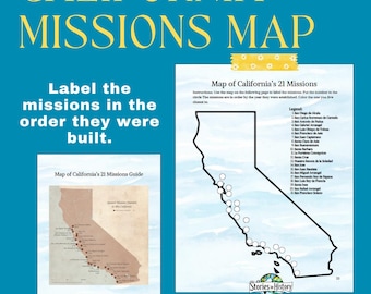 California History- Label a map of California's 21 Missions Worksheet- 4th grade social studies