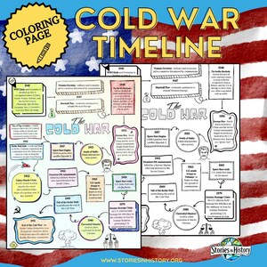 May include: A Cold War timeline coloring page with text and illustrations. The title "COLD WAR TIMELINE" is in yellow. The page includes key events from 1945 to 1991, such as the Berlin Wall and the Cuban Missile Crisis.