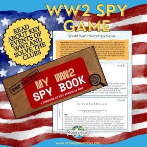 Può includere: Un gioco di spionaggio segreto della Seconda Guerra Mondiale con un libro rosso e marrone intitolato "My WW2 Spy Book" e un cerchio giallo con il testo "Read about key events of WW2 and solve the clues". Include indizi e istruzioni.
