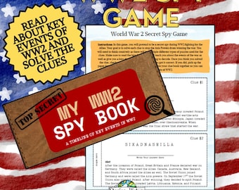 May include: A World War 2 secret spy game with a red and brown book labeled "My WW2 Spy Book" and a yellow circle with the text "Read about key events of WW2 and solve the clues". Includes clues and instructions.