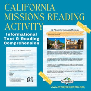 May include: A printed educational activity sheet titled "California Missions Reading Activity." The sheet includes informational text and reading comprehension questions about California missions. The text is accompanied by images and decorative yellow tape.