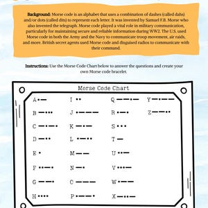 May include: A page titled "Morse Code Bracelet Making" with a Morse Code Chart. The chart displays letters A-Z with corresponding dots and dashes. The background text explains Morse code's history and use in military communication.
