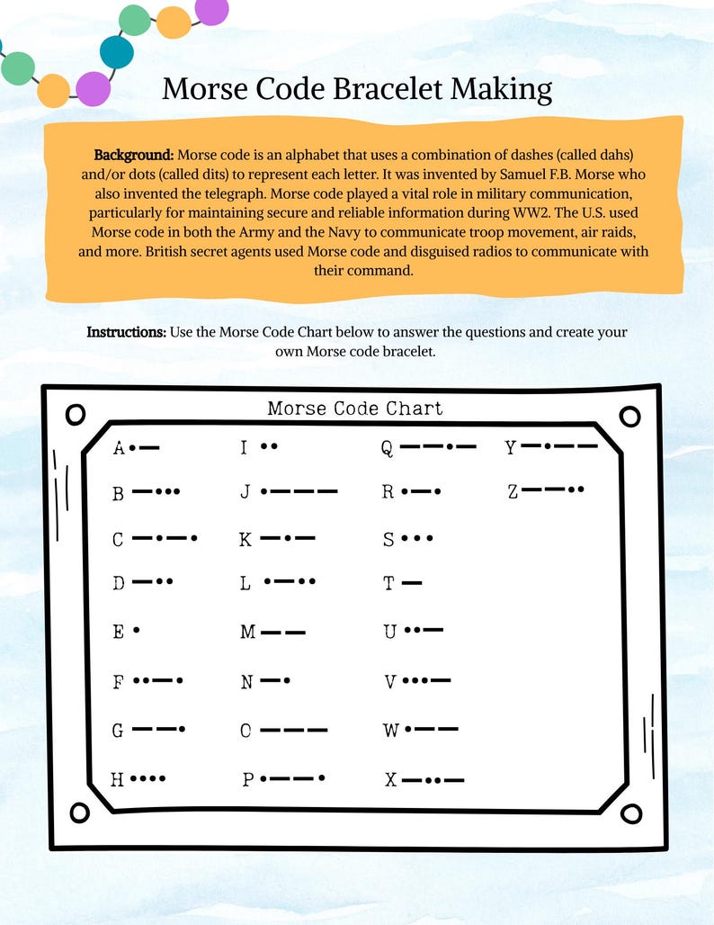 May include: A page titled "Morse Code Bracelet Making" with a Morse Code Chart. The chart displays letters A-Z with corresponding dots and dashes. The background text explains Morse code's history and use in military communication.