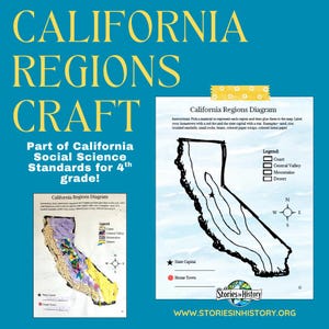 May include: A teal poster with the words "CALIFORNIA REGIONS CRAFT" in yellow. It includes a diagram of California with instructions to represent regions with materials. Text reads "Part of California Social Science Standards for 4th grade!"