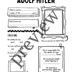 May include: Black and white educational worksheet with the title "ADOLF HITLER" at the top. The worksheet includes fill-in-the-blank sections, a framed picture, and a section to circle answers. The worksheet is designed for educational purposes.