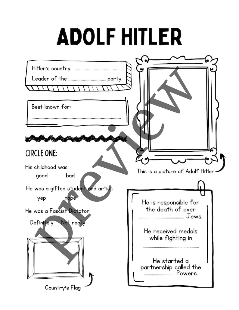 May include: Black and white educational worksheet with the title "ADOLF HITLER" at the top. The worksheet includes fill-in-the-blank sections, a framed picture, and a section to circle answers. The worksheet is designed for educational purposes.