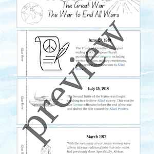 May include: A black and white educational poster about World War 1. The poster includes text, illustrations of a peace symbol, a tank, and a woman, and the dates June 28, 1919, July 15, 1918, and March 1917.