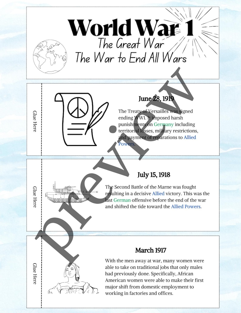 May include: A black and white educational poster about World War 1. The poster includes text, illustrations of a peace symbol, a tank, and a woman, and the dates June 28, 1919, July 15, 1918, and March 1917.