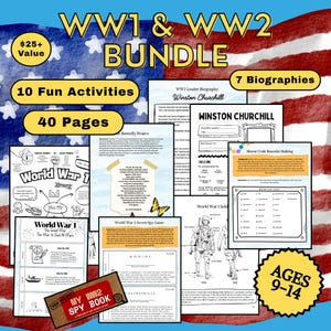 Könnte beinhalten: Ein Bündel an Lernmaterialien über den Ersten und Zweiten Weltkrieg. Das Paket enthält 10 unterhaltsame Aktivitäten, 7 Biografien und 40 Seiten Inhalt. Auf dem Cover steht "WW1 & WW2 BUNDLE" und "AGES 9-14".