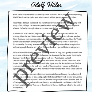 May include: A black and white document titled "WW2 Leader Biography" with the name "Adolf Hitler" in cursive. The document contains biographical information about Adolf Hitler, including his role in World War 2 and the Holocaust.