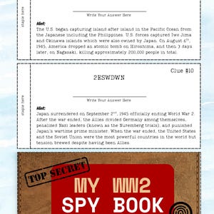 May include: A vintage-style "My WW2 Spy Book" with a red cover and the text "Top Secret." Includes clues and hints about WWII events. The image features a magnifying glass and a timeline.