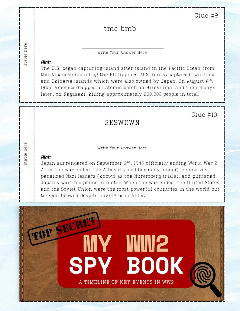 May include: A vintage-style "My WW2 Spy Book" with a red cover and the text "Top Secret." Includes clues and hints about WWII events. The image features a magnifying glass and a timeline.