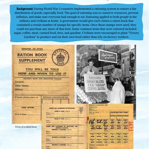 May include: Image detailing World War 2 rationing. Includes a ration book supplement, a photo of a shop with rationed goods, and a page from a ration book. Text includes "Ration Book Supplement" and "Rationed Sugar, Tea, Coffee".