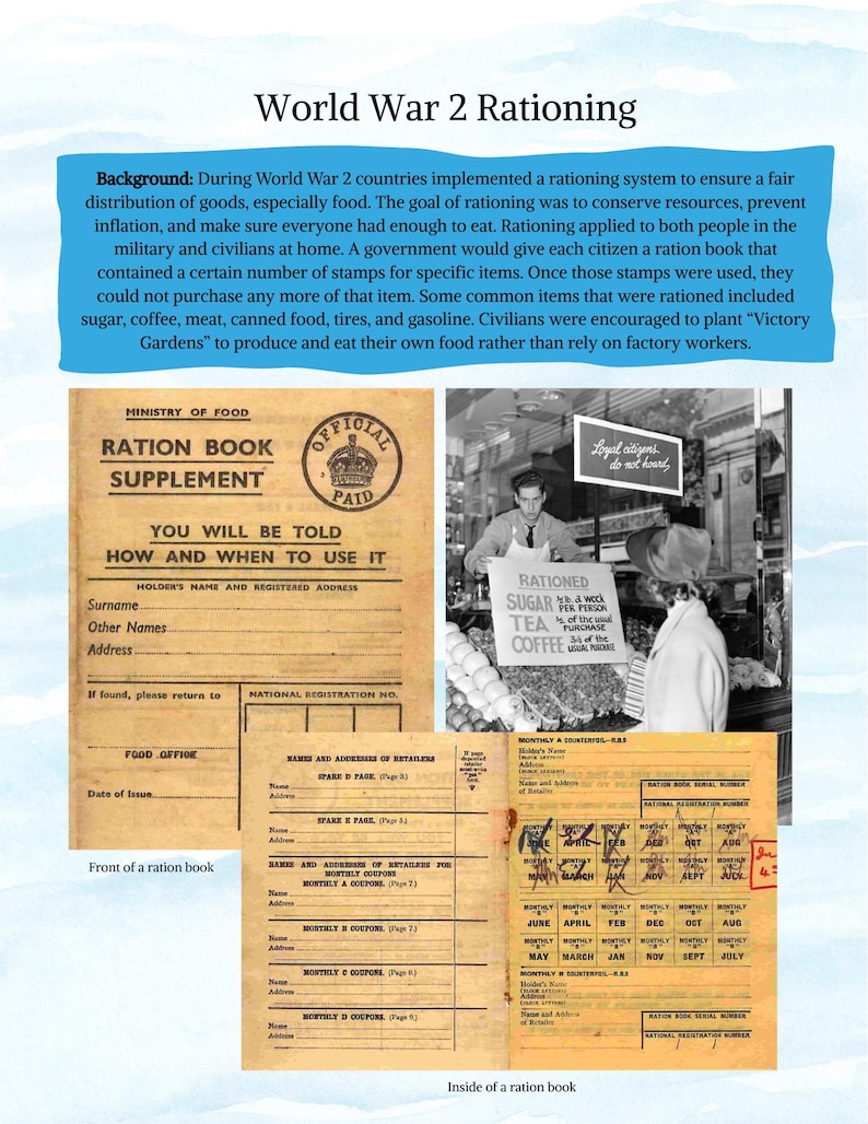 May include: Image detailing World War 2 rationing. Includes a ration book supplement, a photo of a shop with rationed goods, and a page from a ration book. Text includes "Ration Book Supplement" and "Rationed Sugar, Tea, Coffee".