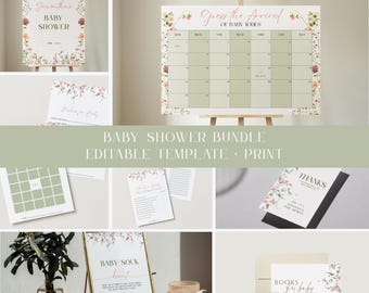 May include: A printable baby shower bundle with floral designs. The bundle includes a welcome sign, a guess the arrival calendar, a baby sock game, a thank you card, and a books for baby card. The cards are editable and can be printed at home.