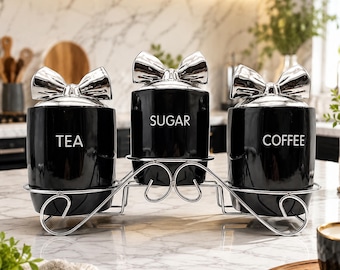 Ceramic Tea Coffee Sugar Storage Canister Set with Metal Stand Modern Kitchen Countertop Storage Jars