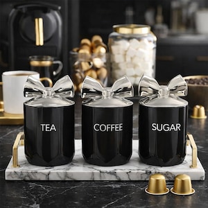 Ceramic Tea Coffee Sugar Canister Set – Bow Lid Kitchen Jars