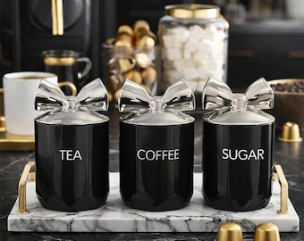 Ceramic Tea Coffee Sugar Canister Set – Bow Lid Kitchen Jars