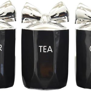 Ceramic Tea Coffee Sugar Canisters Set kitchen storage Container Canister jars with Silver Bow Lid for Home Kitchen Other Sweet Treats