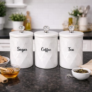 Marble Tea Coffee Sugar Canisters, Airtight Kitchen Jars, Crystal Knob Lid, Set of 3