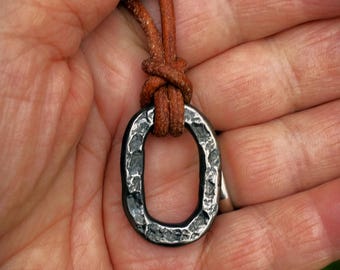 Hand Forged Iron Ring Pendant Necklace with Leather Cord, Anniversary Gift
