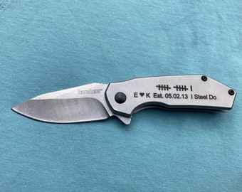 Custom deep engraved Kershaw Valve pocket knife, 11th anniversary gift, steel anniversary gift