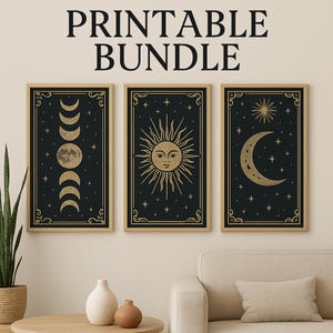 Celestial Wall Art Set – Black & Gold Sun Moon Phases Printable Decor (8x10, 11x14, 16x20)