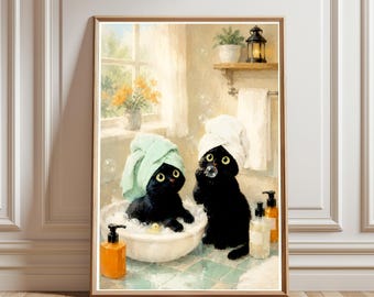Black Cat Bubble Bath Print, Funny Cat Bathroom Wall Art, Watercolor Animal Poster