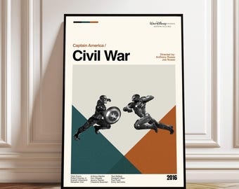 Póster de la película Capitán América: Civil War - Impresión minimalista moderna de mediados de siglo