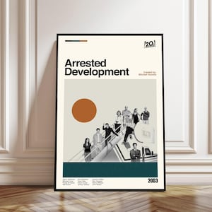 Puede incluir: Un póster enmarcado de la serie de televisión "Arrested Development". El póster presenta el título del programa en letras negras en negrita, un gran círculo naranja y una combinación de colores turquesa y beige. El póster incluye el año 2003 y los nombres del elenco.