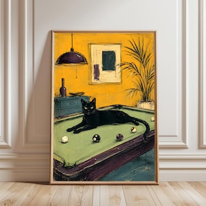 May include: A framed art print depicting a black cat lying on a green pool table. The background features a vibrant yellow wall, a hanging purple pendant lamp, a potted palm plant, and a framed abstract painting above a blue cabinet.