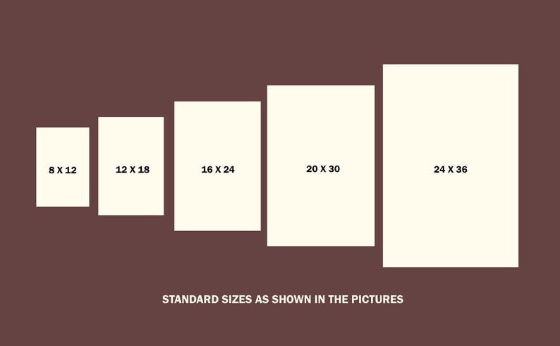 Puede incluir: Visualizaci&oacute;n de cinco tama&ntilde;os de lienzos rectangulares: 20 x 30 cm, 30 x 46 cm, 41 x 61 cm, 51 x 76 cm y 61 x 91 cm. El texto "STANDARD SIZES AS SHOWN IN THE PICTURES" indica las opciones de tama&ntilde;o.