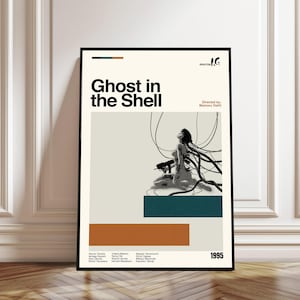 Pode incluir: Um pôster emoldurado para "Ghost in the Shell" com um design minimalista. O pôster apresenta o título em negrito preto, uma ilustração em tons de cinza de uma mulher conectada a fios e o ano de 1995. A paleta de cores inclui bege, verde-azulado e laranja.
