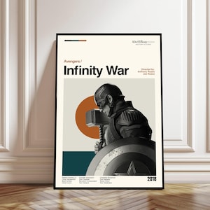 Puede incluir: Un póster enmarcado de la película "Avengers: Infinity War" con el Capitán América sosteniendo un martillo y un escudo. El póster tiene un diseño minimalista con un fondo crema, un círculo naranja y el año 2018.