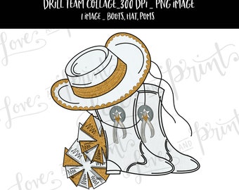 Drill Team Sublimation Design | Drill Team Mom | Boots | Pom Poms | Drill Team Hat | Digital Download | Hand Drawn Drill Team Design