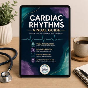 May include: A digital tablet displaying a Cardiac Rhythms Visual Guide with a dark blue background, teal and purple watercolor accents, and white text. The guide features a heart rhythm line, four circular icons, and the Empathic Nursing logo.